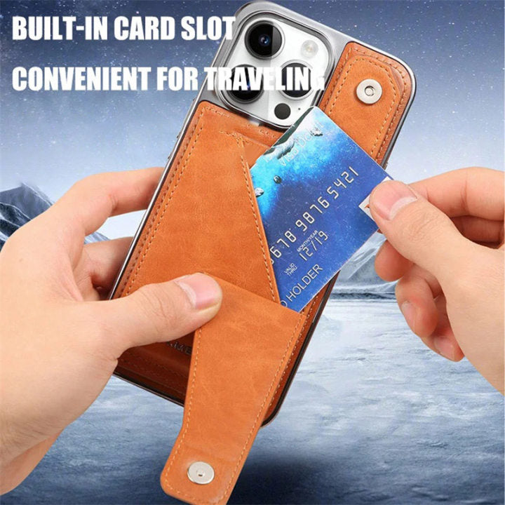 Full-cover Artificial Leather Case with Wristband Stand & Card Slot for iPhone 14/15 Series