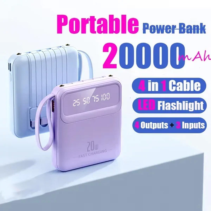 20000mAh Portable Charger With 4 Built-in Cables