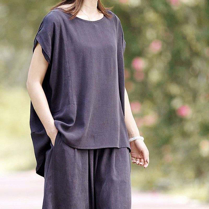 Solid color casual wide-leg pants set