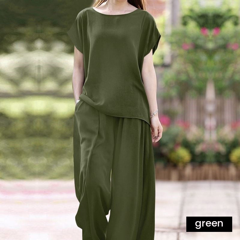 Solid color casual wide-leg pants set